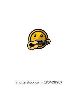 Cute Guitarist Coin Cartoon Character Vector Illustration Design. Outline, Cute, Funny Style. Recomended For Children Book, Cover Book, And Other.
