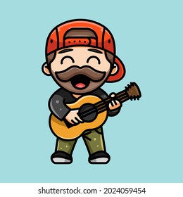 Cute Guitarist Player For Character, Icon, Logo, Sticker And Illustration.