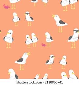 CUTE GULL BIRDS IN SOME DIFFERENT POSSES FLAT SEAMLESS PATTERN. PREMIUM VECTOR.