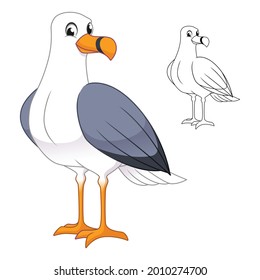 Cute Gull Seagull Standing with Line Art Drawing, Animal Birds, Vector Character Illustration, Cartoon Mascot Logo in Isolated White Background.