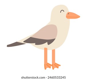 Lindo gaviota de pie en diseño plano. Pájaro de playa feliz, gaviota amistosa. Ilustración vectorial aislada.