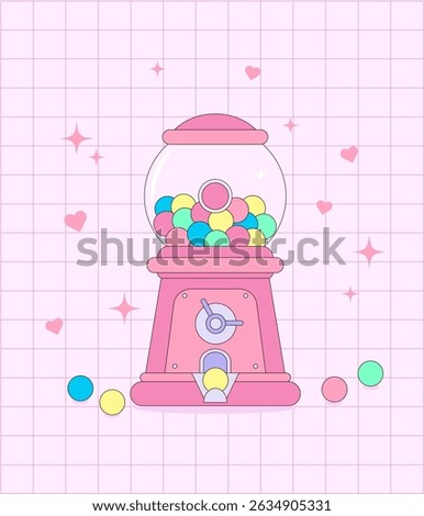 Cute gumball machine with colorful candy balls, pastel hearts and sparkles on a pink grid background. Fun and playful illustration perfect for kids and candy themes.