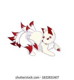 Cute Gumiho or Kumiho playing with his tails in Cartoon style made as a vector stock illustration on white isolated background for prints, patterns, stickers, icons for social networks, emblems. 