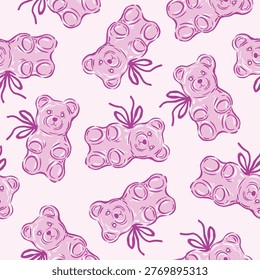 Cute gummy bear with bow pink seamless pattern