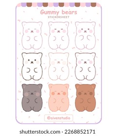 Cute gummy bear Sticker Sheet. Sticker Sheet vector illustrations. Stickers, pastel Stickers. 