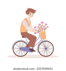 Cute guy, boy, man riding a bicycle with a basket of tulip flowers. Vector flat illustration isolated on transparent background for valentine's day.