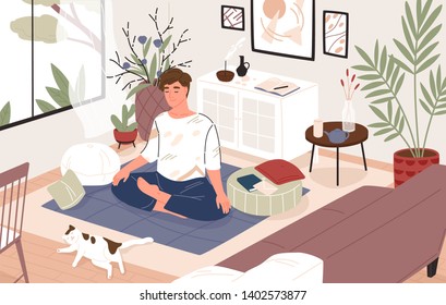 Cute guy or boy sitting cross-legged in his room or apartment and practicing yoga. Young male yogi with crossed legs and closed eyes meditating at home. Flat cartoon colorful vector illustration.