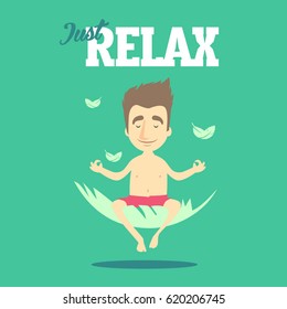 Cute Guy Character Sitting on a Feather, Meditating and Floating