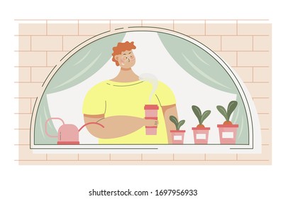 Cute guy drinks coffee and grows radishes on the windowsill. Man near a window. Home insulation. Stay home lifestyle. Quarantine pandemic coronavirus. Flat vector illustration