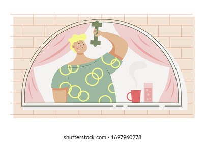 Cute guy lifts a dumbbell. playing sports every day. Man near a window. Home insulation. Quarantine pandemic coronavirus. Flat vector illustration
