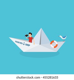 Cute guy looking through binoculars on a paper ship called friendship. Concept of happy friendship day. Vector illustration in flat style