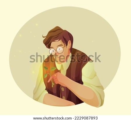 Cute guy nerd in glasses is holding a plant. Vector cartoon illustration, character design.