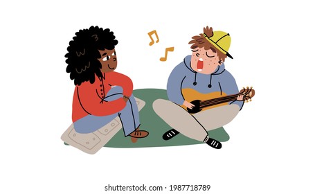 A cute guy serenades his girlfriend and plays the guitar. Couple or friends spending time outdoors. Cartoon vector isolated illustration.