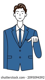 A cute guy in a suit smiling and pointing his finger in the direction below. Business person illustration vector