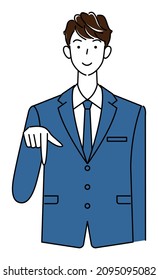 A cute guy in a suit smiling and pointing his finger in the direction below. Business person illustration vector