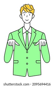 A cute guy in a suit smiling and pointing his finger in the direction below. Business person illustration vector