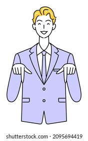 Un chico lindo con traje sonriendo y señalando su dedo en la dirección de abajo. vector de ilustración de persona de negocios