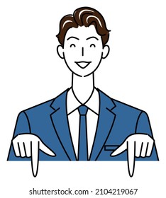 A cute guy in a suit smiling and pointing in the direction below. Business person illustration vector