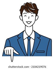 A cute guy in a suit smiling and pointing in the direction below. Business person illustration vector