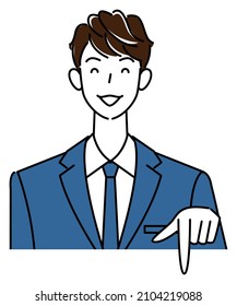A cute guy in a suit smiling and pointing in the direction below. Business person illustration vector