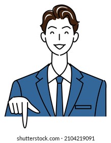 A cute guy in a suit smiling and pointing in the direction below. Business person illustration vector