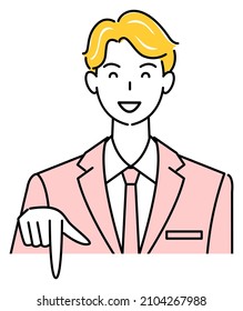  A cute guy in a suit smiling and pointing in the direction below. Business person illustration vector