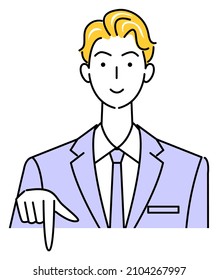  A cute guy in a suit smiling and pointing in the direction below. Business person illustration vector
