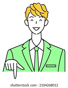  Un chico lindo con traje sonriendo y apuntando en la dirección de abajo. vector de ilustración de persona de negocios