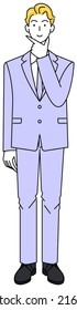 A cute guy in a suit thinking of a positive resolution. Full body standing illustration Vector