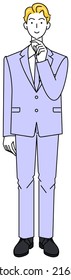 A cute guy in a suit thinking of a positive resolution. Full body standing illustration Vector