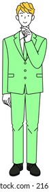 A cute guy in a suit thinking of a positive resolution. Full body standing illustration Vector