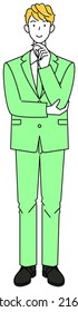 A cute guy in a suit thinking of a positive resolution. Full body standing illustration Vector