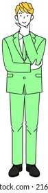 A cute guy in a suit thinking of a positive resolution. Full body standing illustration Vector