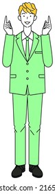 A cute guy in a suit who comes up with a good idea and is happy to point his finger at it. Full body standing illustration Vector