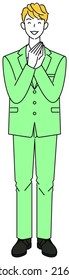 A cute guy in a suit who is happy to put his hands together after coming up with a good idea. Full body standing illustration Vector