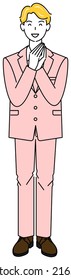 A cute guy in a suit who is happy to put his hands together after coming up with a good idea. Full body standing illustration Vector