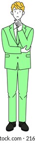 Un tipo lindo con traje que está considerando seriamente una solución. Ilustración de pie de cuerpo completo Vector