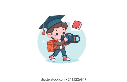 A cute guy takes a photo. Male photographer holding a camera.Cartoon vector illustration.