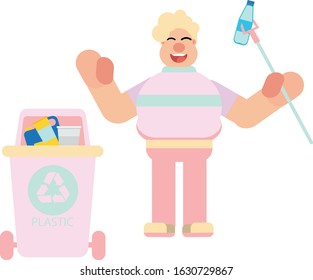 A  cute guy waving and throwing trash flat vector illustration. put plastic waste in plastic recycling, colorful vector illustration, this illustration can use as a sticker also.