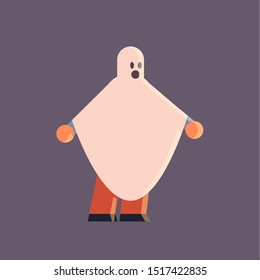 cute guy wearing ghost costume man in cape standing pose happy halloween party celebration concept flat full length