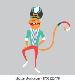 Cute guy wearing glasses with fashionable haircut with his head monkey in stylish bright clothes smiling