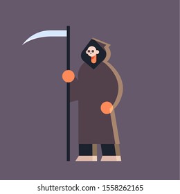 cute guy wearing grim reaper scarecrow costume man with scythe standing pose happy halloween party celebration concept flat full length vector illustration