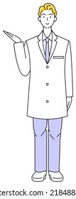 Un tipo lindo con un abrigo blanco apuntando. Ilustración de cuerpo completo. Vector.