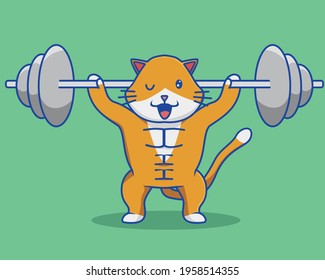 Cute Gym Cat Barbell. Animal Cartoon Flat Style Icon  Premium Vector