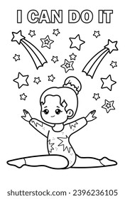 Cute gymnast, stars. Inscription I can do it. Coloring book Black and white vector illustration.