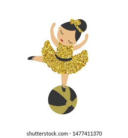 Cute gymnast vector illustration with dust glitters. Greeting card. Circus theme.