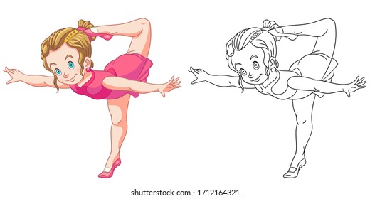 Cute gymnastic girl or ballet dancer. Coloring page and colorful clipart character. Cartoon design for t shirt print, icon, logo, label, patch or sticker. Vector illustration.