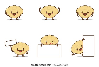 Cute gyoza dumpling cartoon, japanese food vector illustration, with happy facial expressions and different poses, isolated on a white background