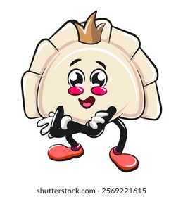 Cute gyoza dumpling vektor illustration mascot character crowned like a king while folding his arms calmly, Xiao Long Bao, Asian, Chinese food, work of hand drawn