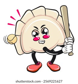 Cute gyoza dumpling vektor illustration mascot character playing baseball ready to hit the ball with the bat, Xiao Long Bao, Asian, Chinese food, work of hand drawn